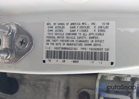 2009 Honda Accord 3.5 Ex-L from USA, damaged, VIN 1HGCP36889A021341